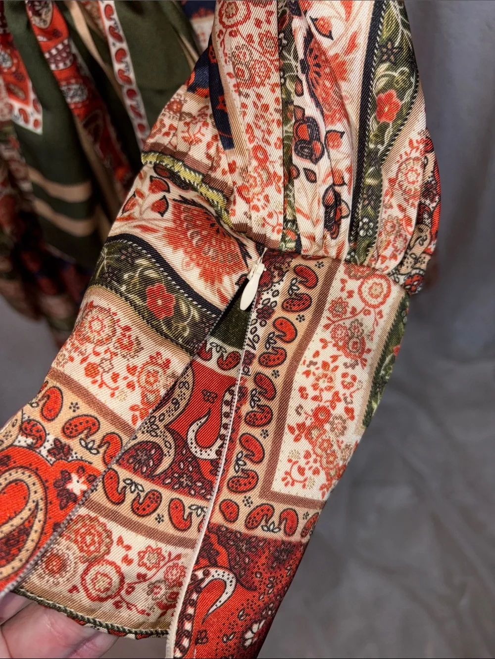 Pearl-Button Bohemian Satin Drop Waist Dress- Olive & Rust - Picture 3 of 7